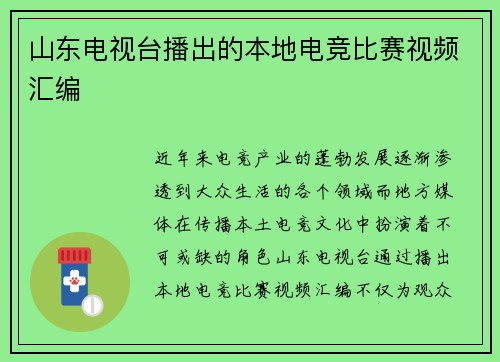 山东电视台播出的本地电竞比赛视频汇编